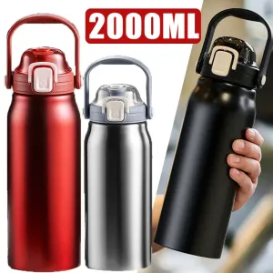 2L Stainless Steel Thermal Water Bottle with Straw - Cold & Hot Thermo Cup for Gym