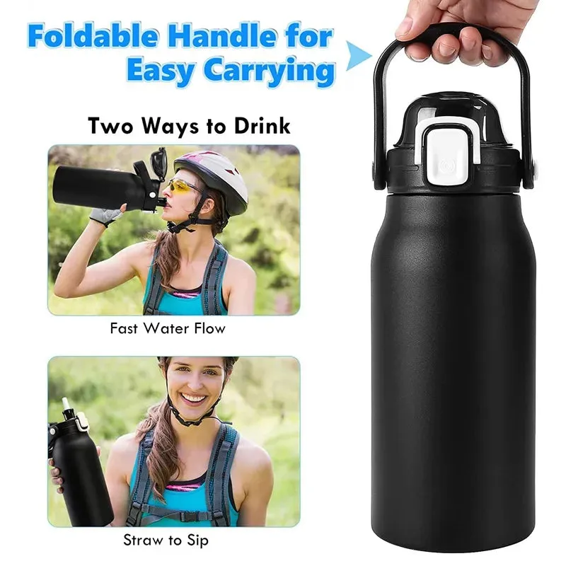 2L Stainless Steel Thermal Water Bottle with Straw - Cold & Hot Thermo Cup for Gym