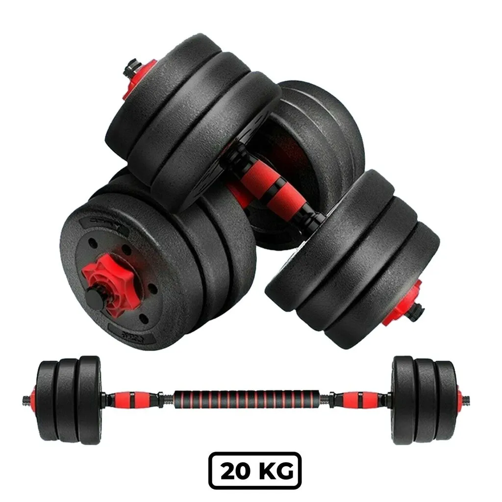 Adjustable 20KG Rubber Dumbbells with Barbell, Non-Slip Grip