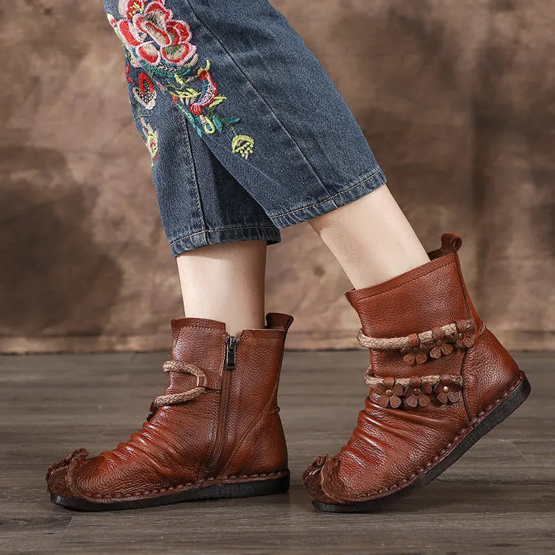 Autumn Winter Leather Flowers Comfortable Retro Boots |Gift Shoes