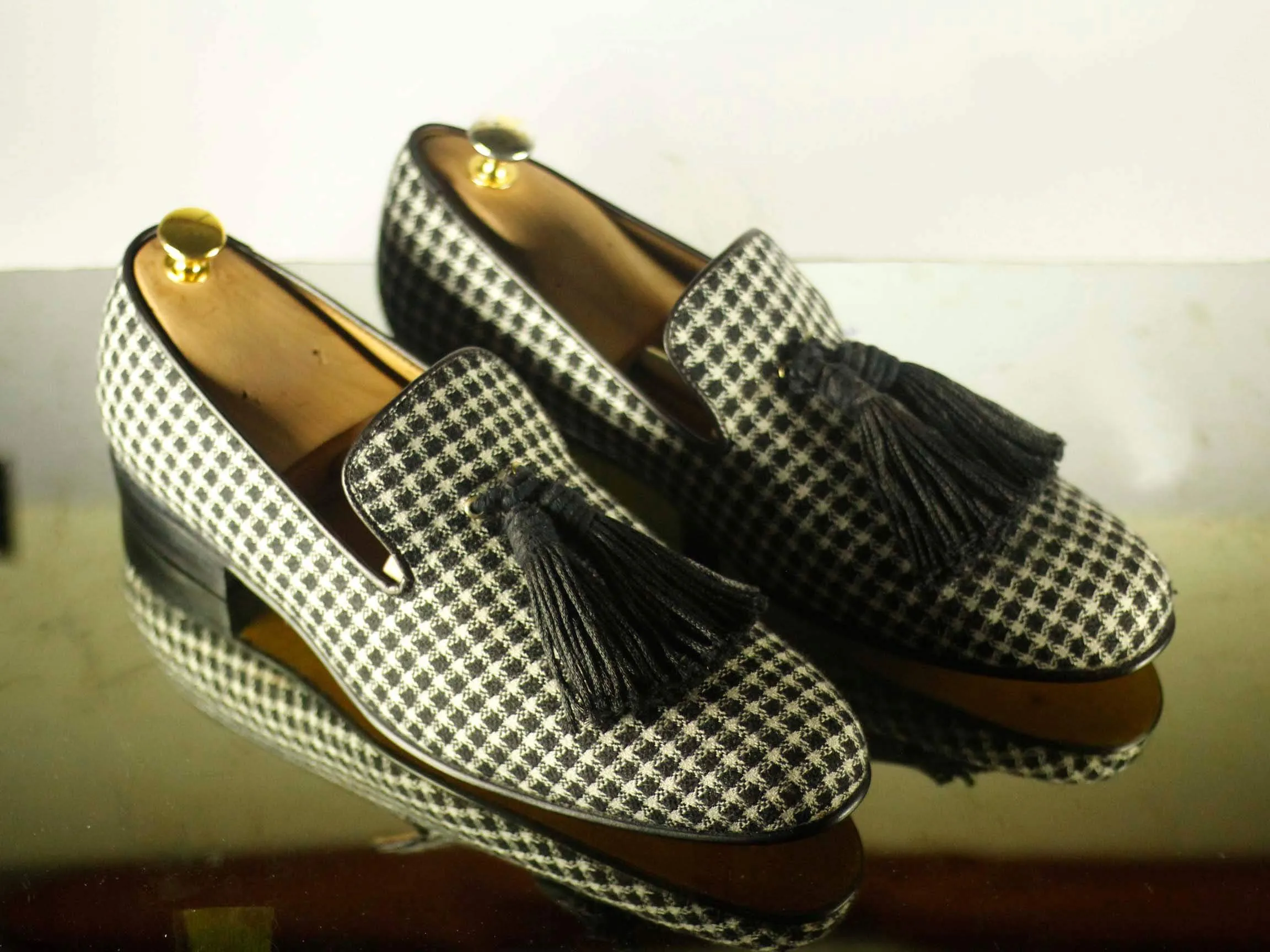 Bespoke Black & White Dog Print Suede Tussle Loafer Shoes for Men