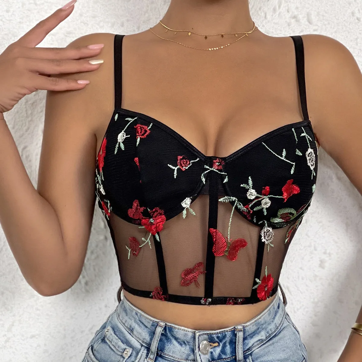 black Floral Print Sheer Bralette and bustier