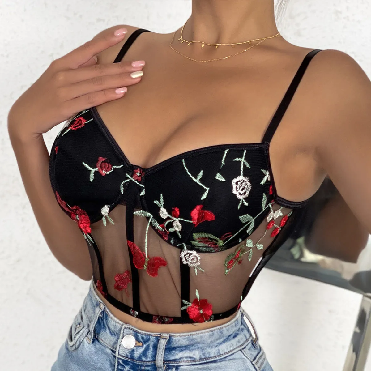 black Floral Print Sheer Bralette and bustier