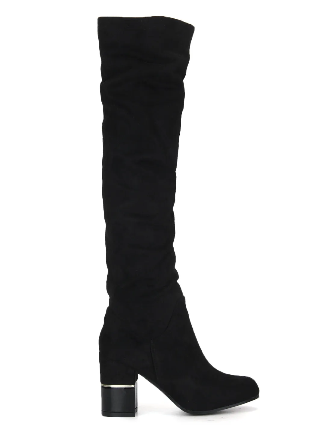 Black Micro Slouched Block Heel Long Boots