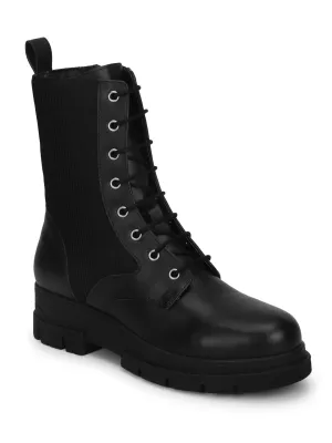 Black PU Lace Up Side Patterned Ankle Boots (TC-ST-1190-BLKPU)