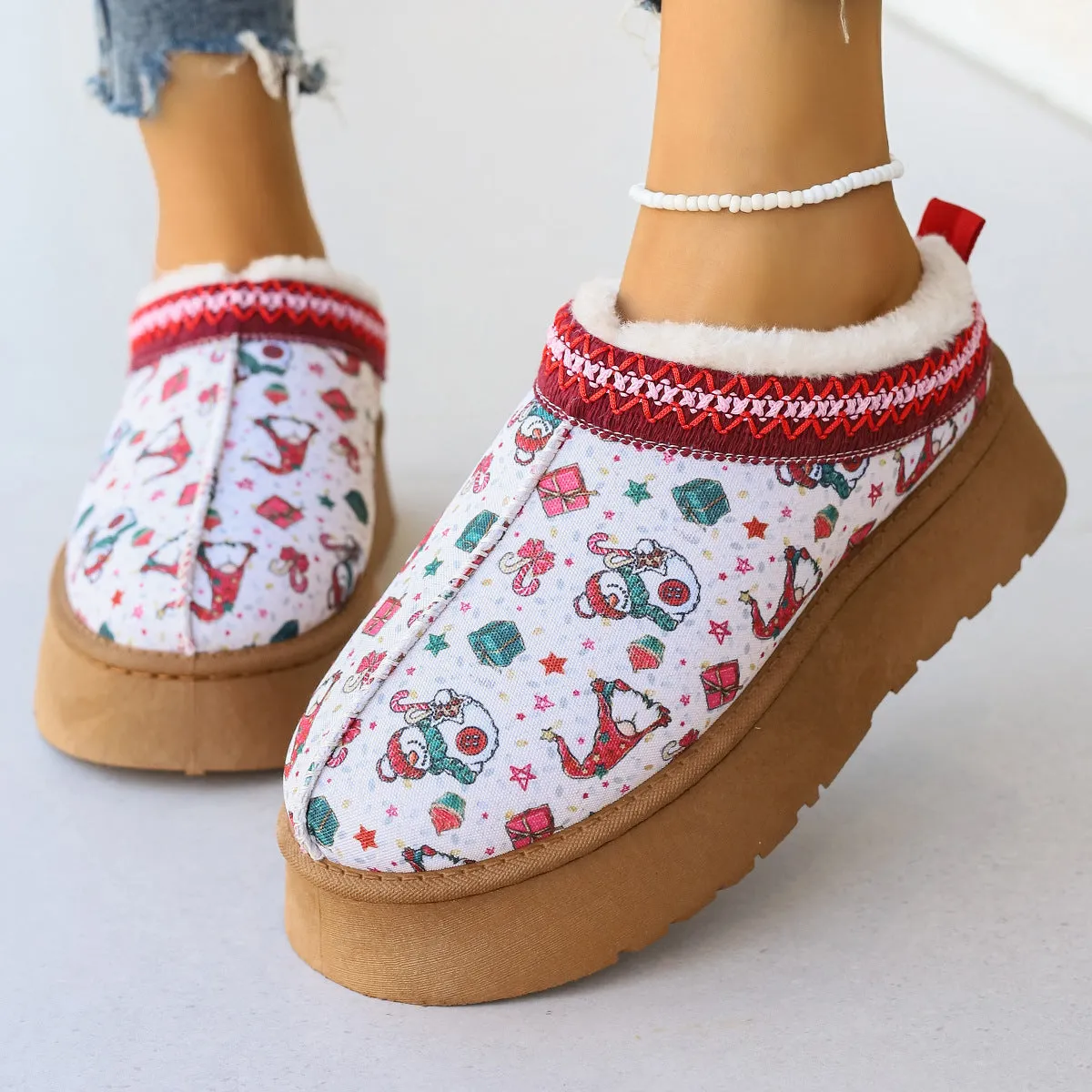 Cartoon Christmas Print Ankle Boots Casual Slip On Plush Lined Home Shoes Comfortable Winter Short Boots