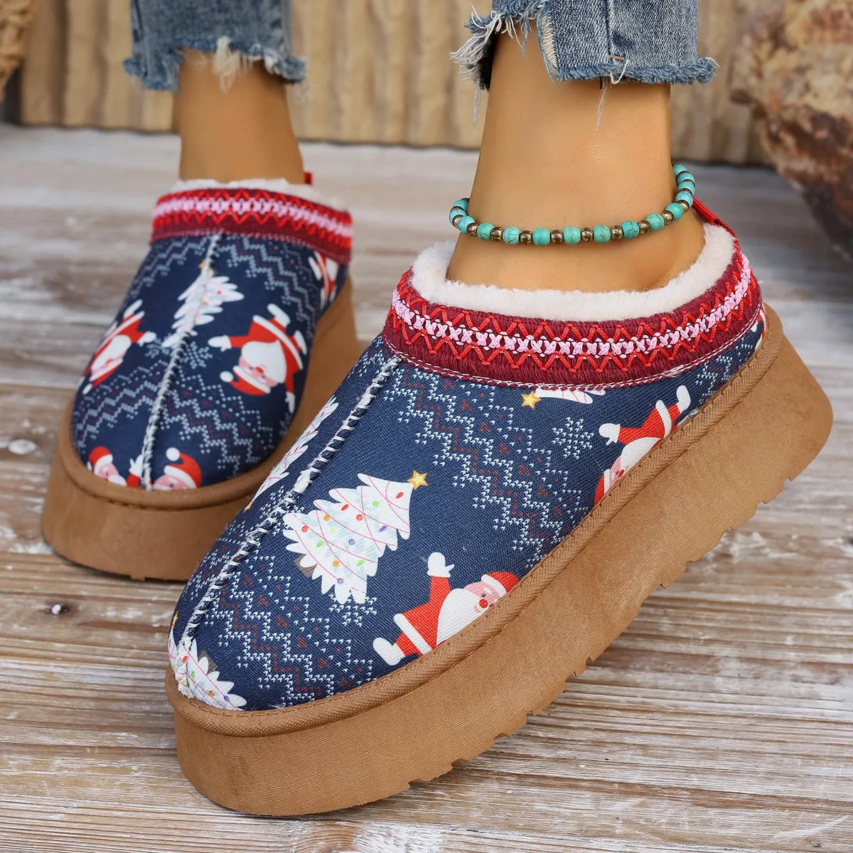 Cartoon Christmas Print Ankle Boots Casual Slip On Plush Lined Home Shoes Comfortable Winter Short Boots