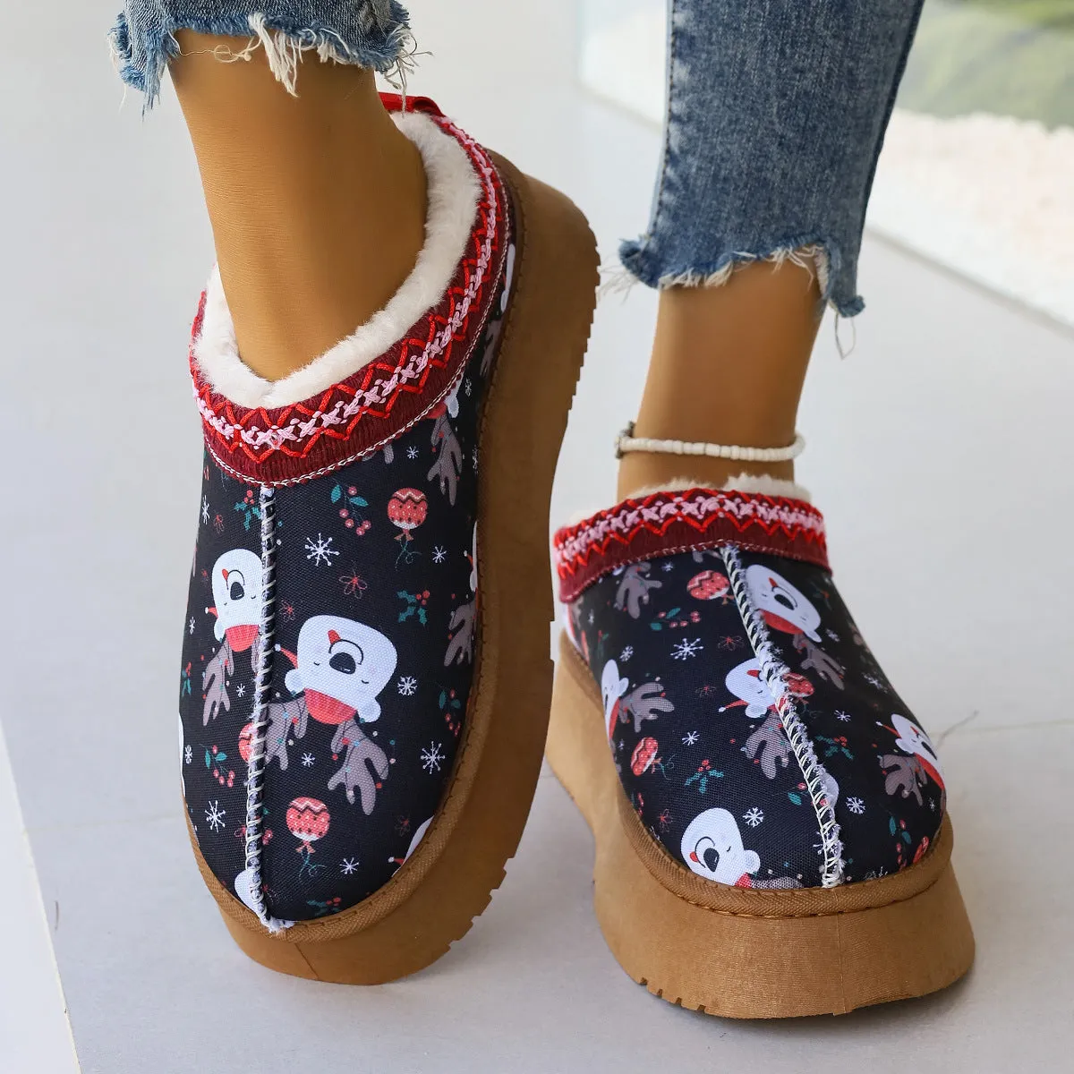 Cartoon Christmas Print Ankle Boots Casual Slip On Plush Lined Home Shoes Comfortable Winter Short Boots