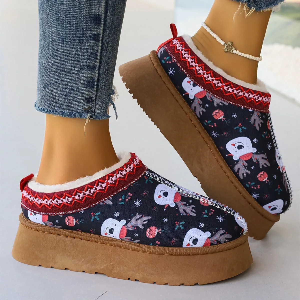 Cartoon Christmas Print Ankle Boots Casual Slip On Plush Lined Home Shoes Comfortable Winter Short Boots