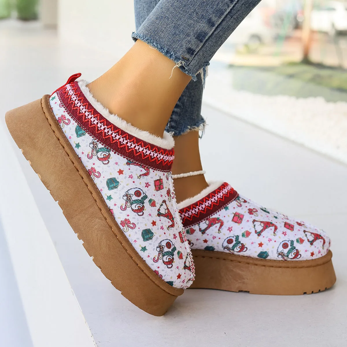 Cartoon Christmas Print Ankle Boots Casual Slip On Plush Lined Home Shoes Comfortable Winter Short Boots