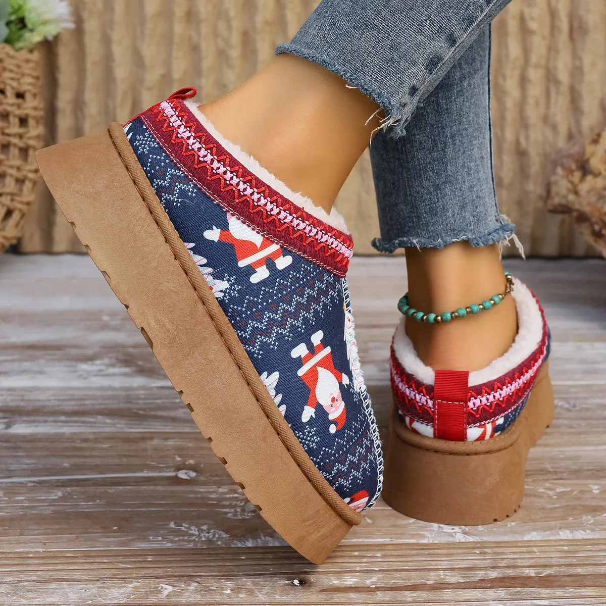 Cartoon Christmas Print Ankle Boots Casual Slip On Plush Lined Home Shoes Comfortable Winter Short Boots