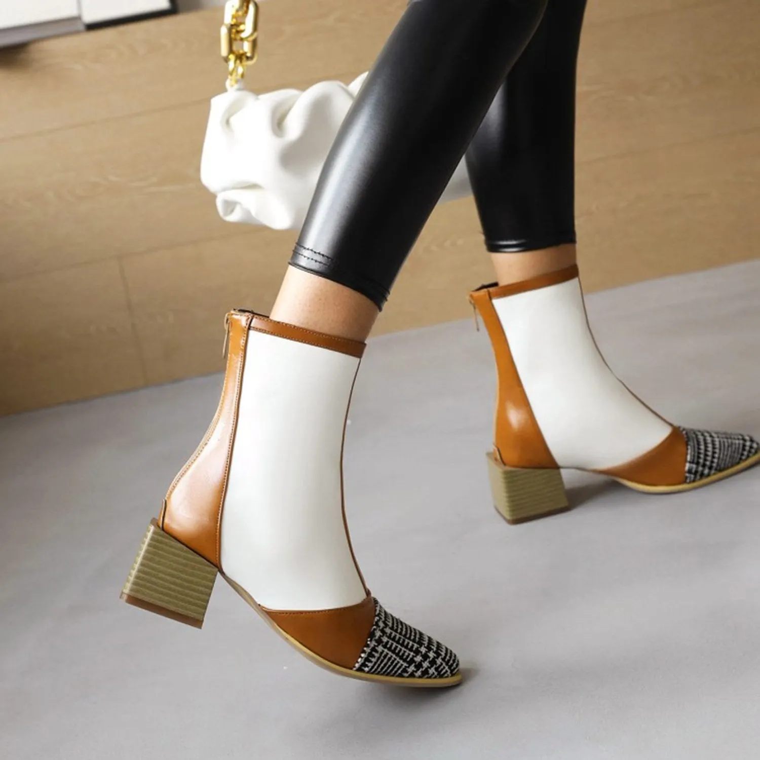 (Clean Up - US 8.5) Square Head Color Matching Mid Heel Ankle Boots