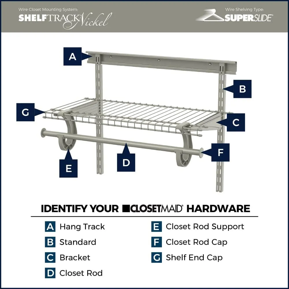 Closetmaid Shelftrack Shelf Bracket for 12 In. Deep Wire Shelving, for Adjustable Closet Systems, 1-Pack, Nickel