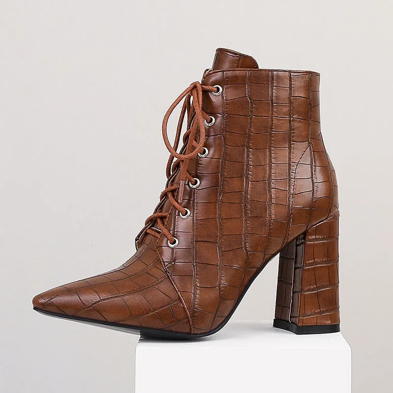 Cross Lace-Up Pointed Toe Ankle Boots