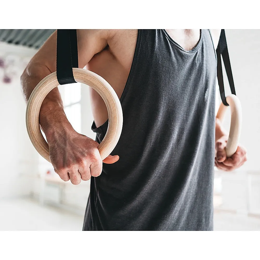 Durable Birch Wood Gymnastic Rings with Non-Slip Straps