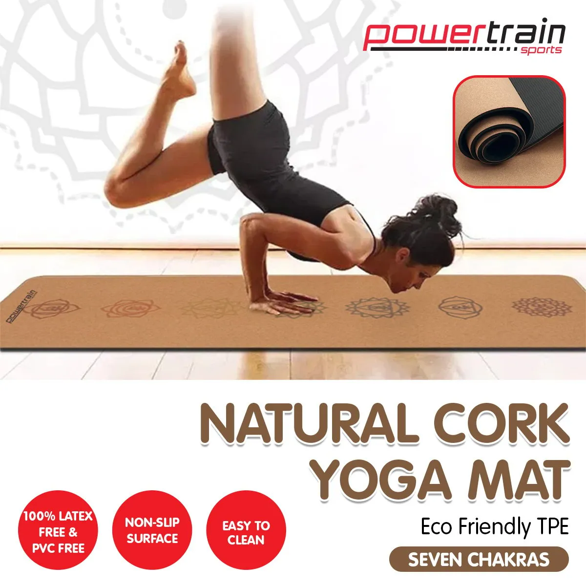 Eco-Friendly 6mm Cork Yoga Mat, Non-Slip, Anti-Microbial - Powertrain