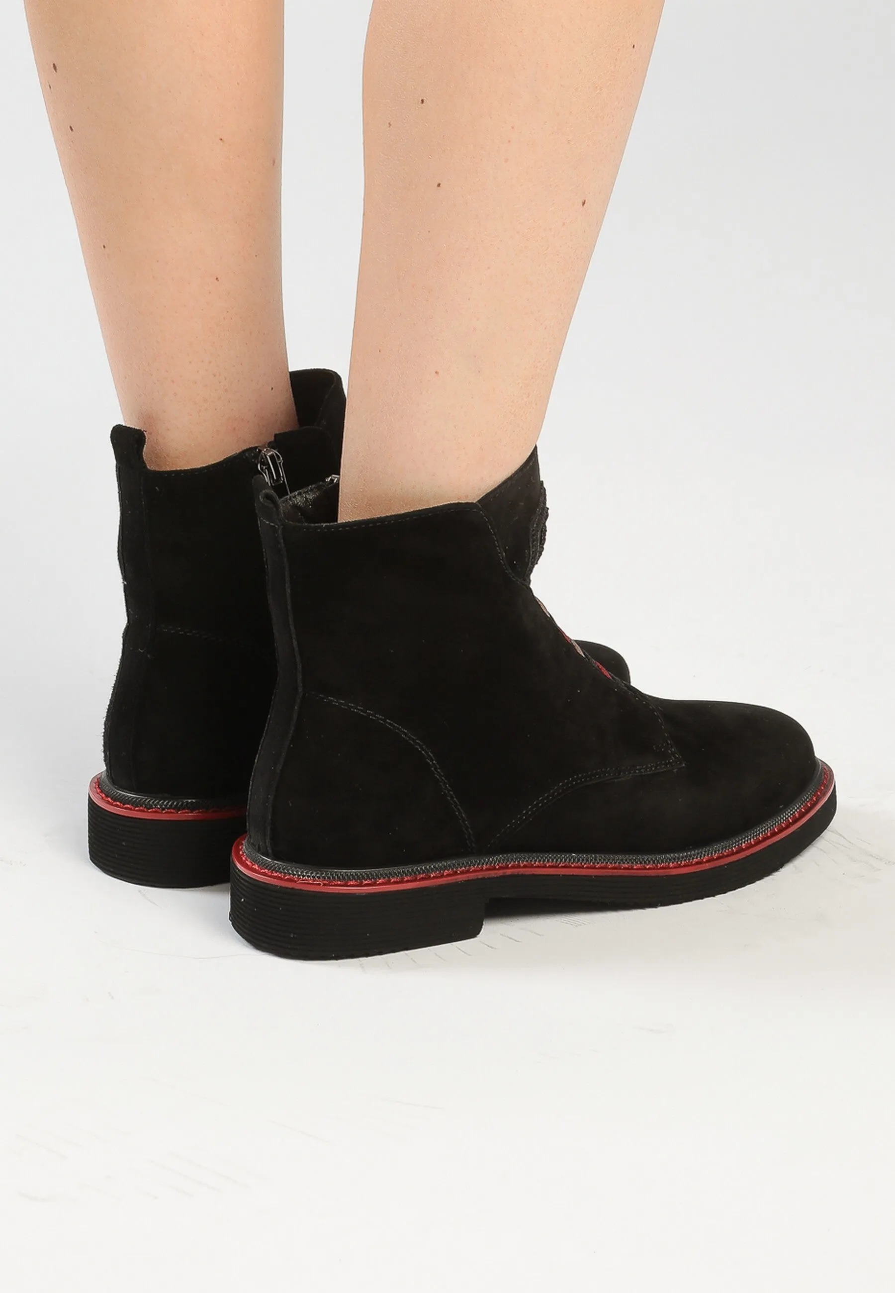 Elastic Zip-Up Ankle Boots - Black Suede