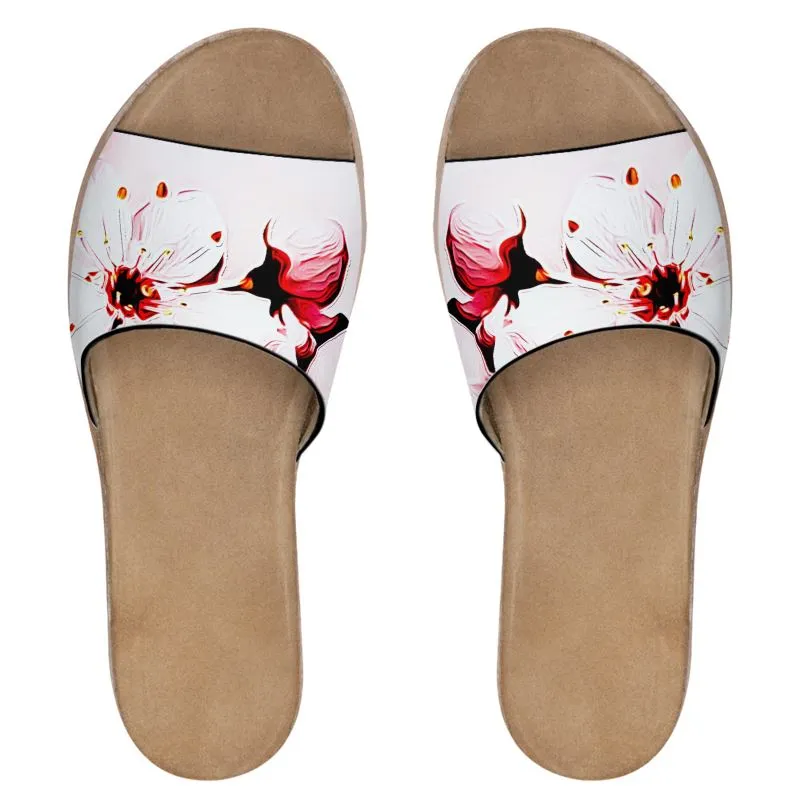 Floral Embosses: Pictorial Cherry Blossoms 01-02 Ladies Leather Slide Sandals