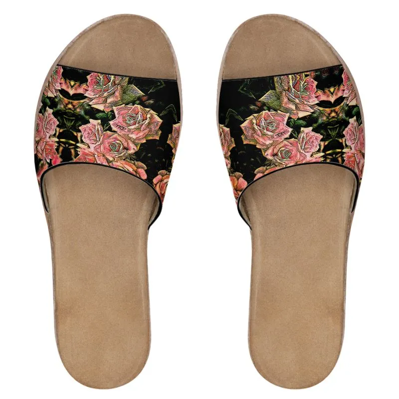 Floral Embosses: Roses 06-01 Ladies Leather Slide Sandals