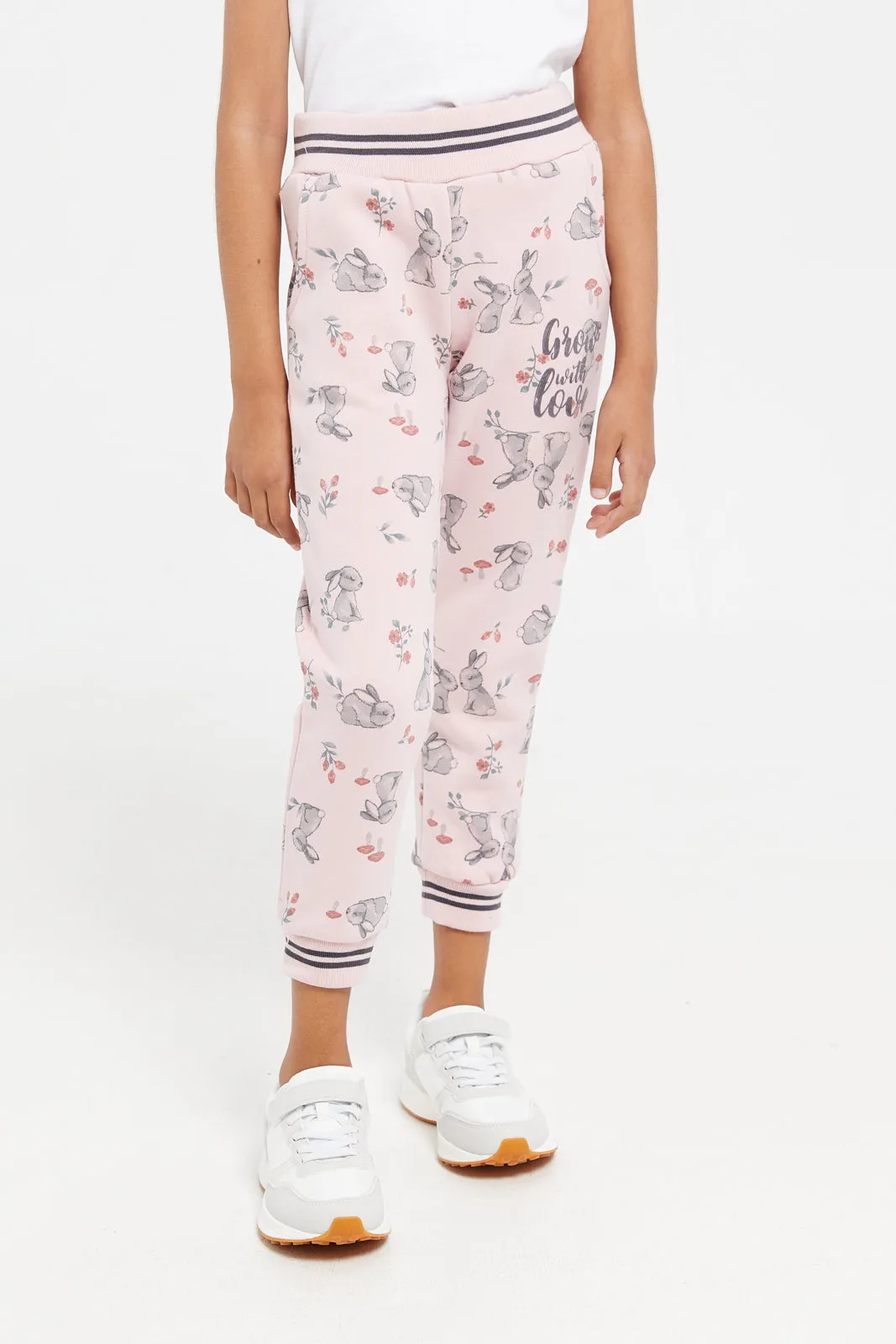 Girls Pink Printed Track Pants