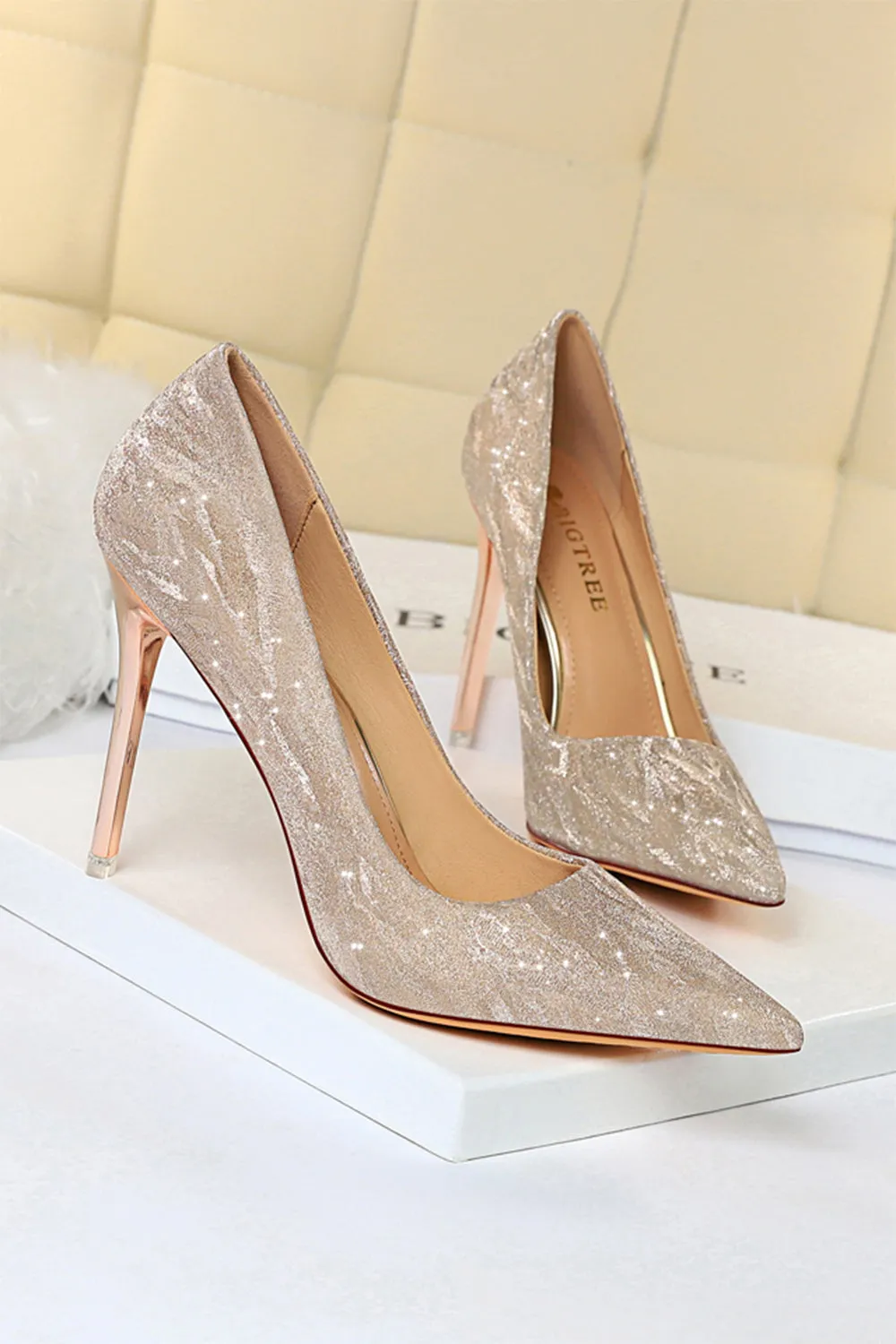 JOSKAA Woman Elegant high heel Shallow Toe Sequined Stiletto High Heels