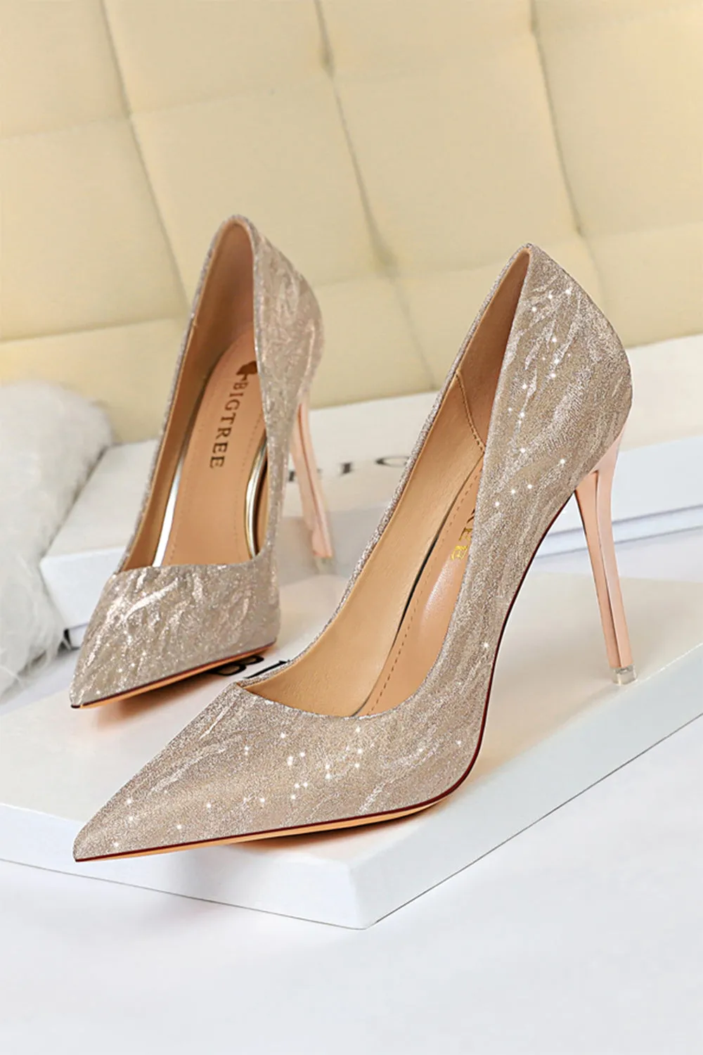 JOSKAA Woman Elegant high heel Shallow Toe Sequined Stiletto High Heels