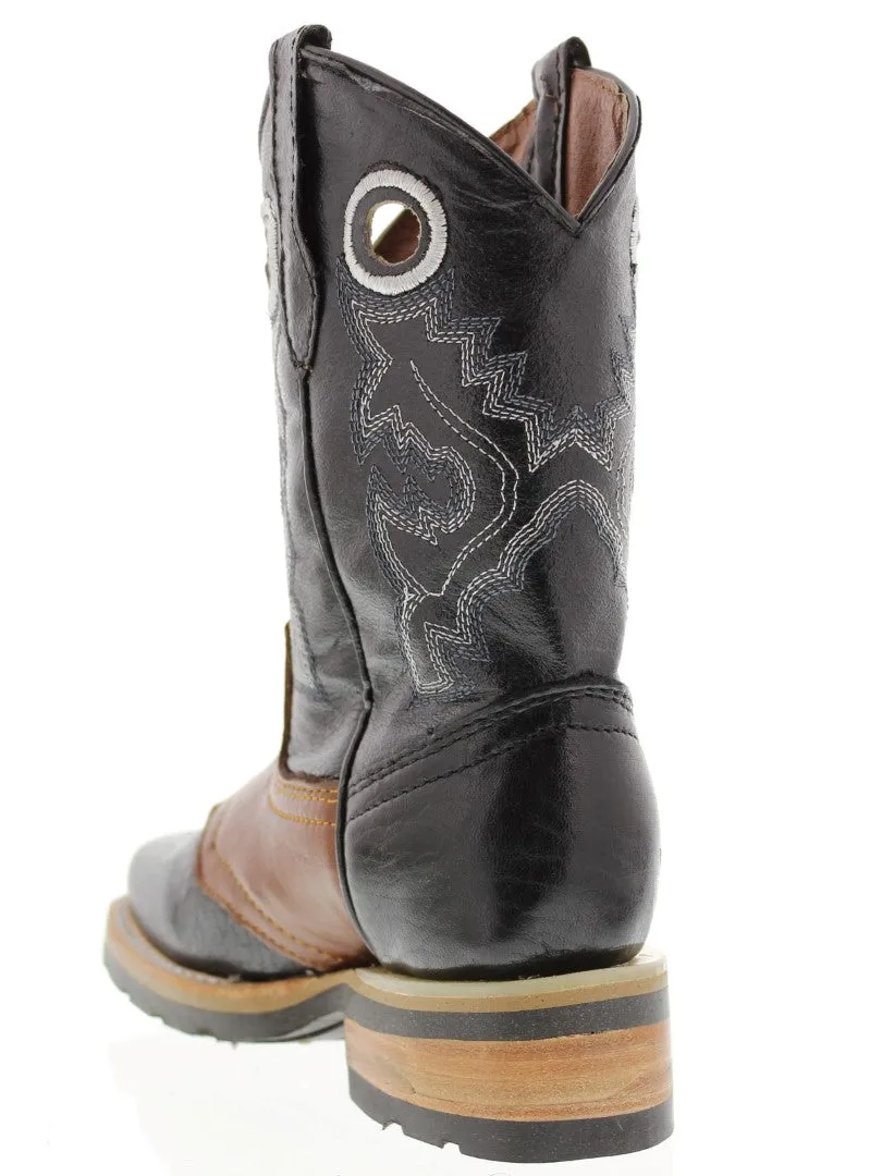 Kids Black & Honey Brown Real Leather Cowboy Boots - Square Toe