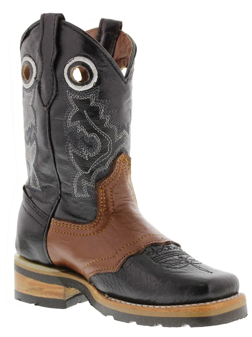 Kids Black & Honey Brown Real Leather Cowboy Boots - Square Toe