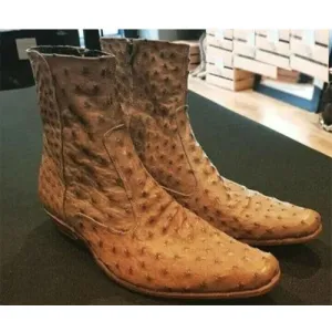 Latest Design Handmade Dress Tan Ostrich Leather Boot High Ankle Zipper Boots