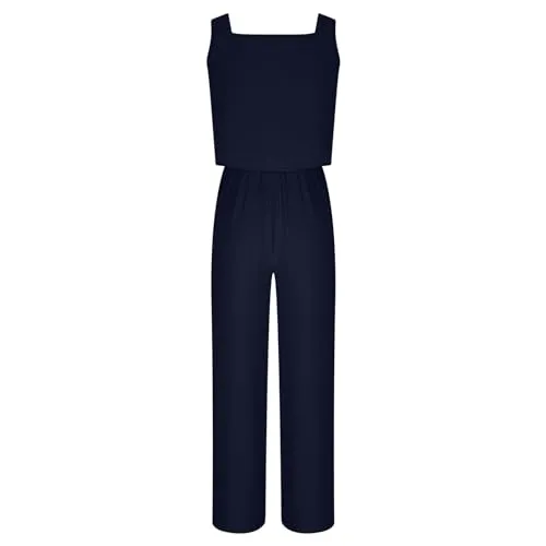 Lounge Set Tracksuit Womens Full Set Summer Ladies Leisure Wear Two Piece Outfit Women Summer Coord Outfit Women Summer Clothes for Women Sleeveless Tank Crop Top & Capri Wide Leg Pants Navy