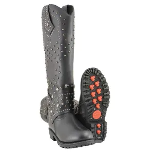 Milwaukee Leather MBL9371 Women's Black 18-Inch Leather Studded and Riveted Western Style Motorcycle Boots