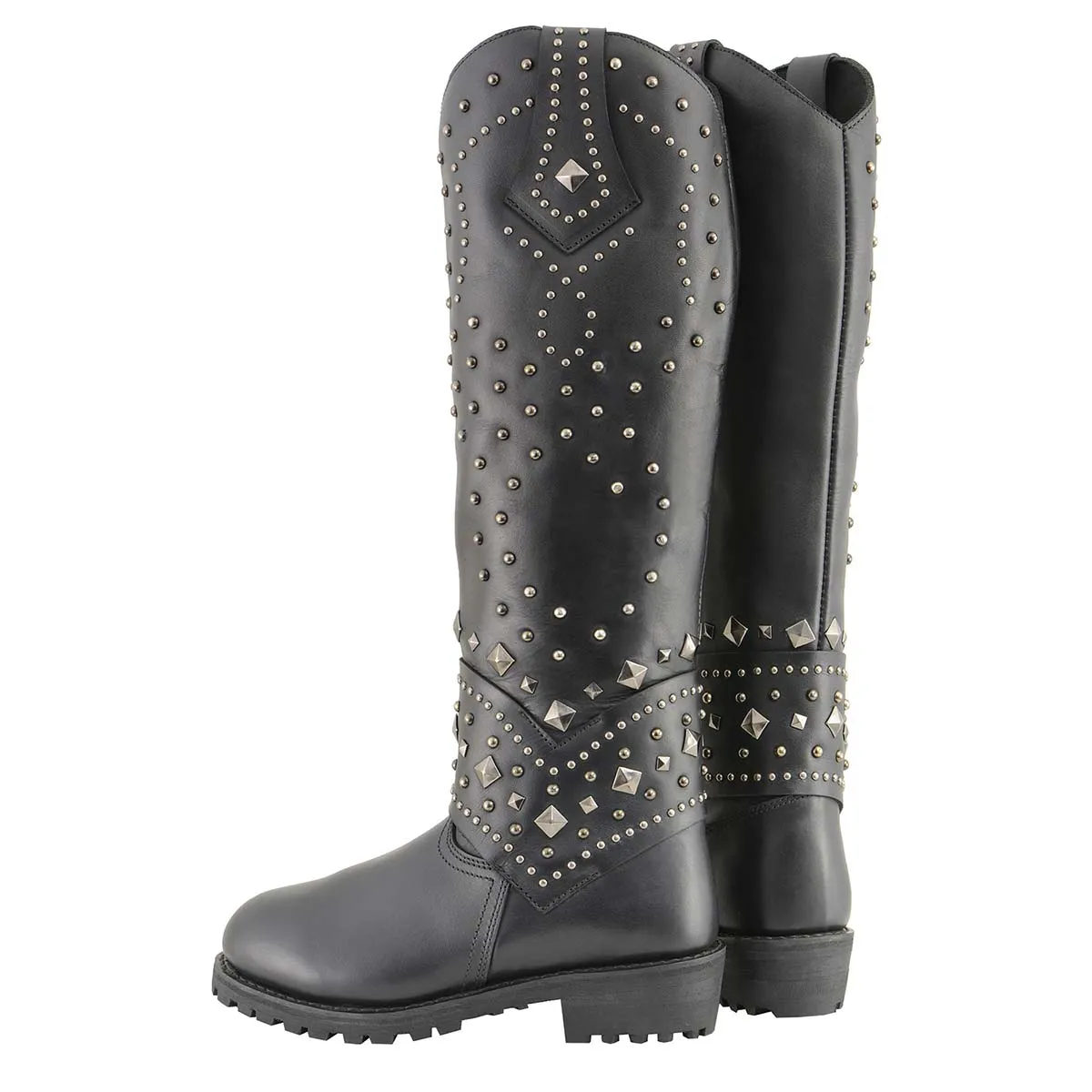 Milwaukee Leather MBL9371 Women's Black 18-Inch Leather Studded and Riveted Western Style Motorcycle Boots