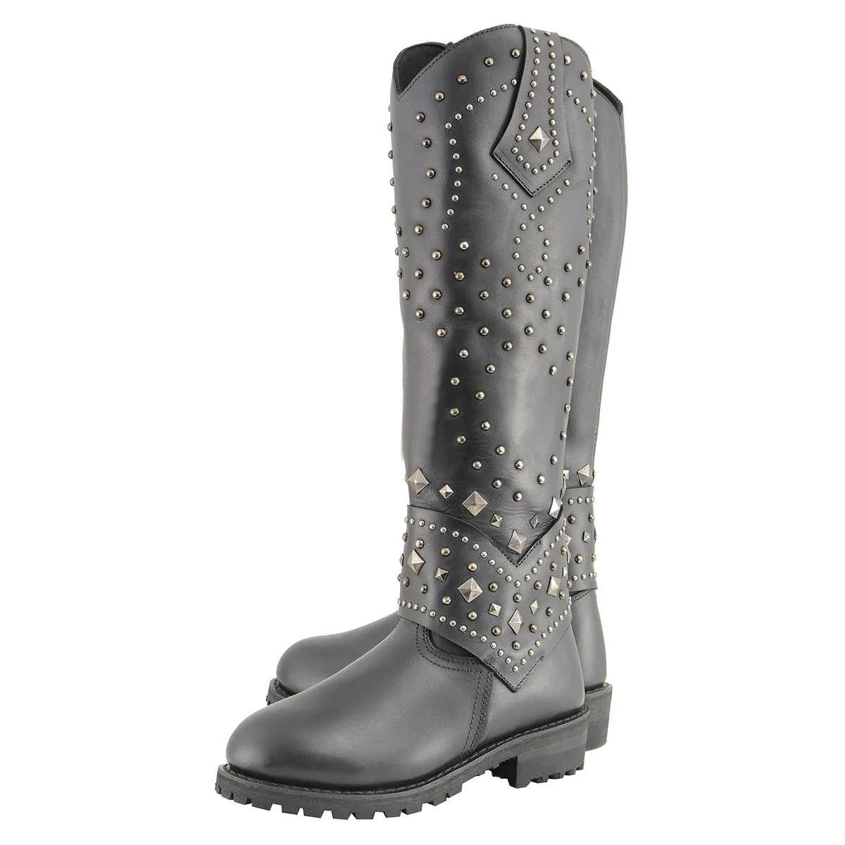 Milwaukee Leather MBL9371 Women's Black 18-Inch Leather Studded and Riveted Western Style Motorcycle Boots