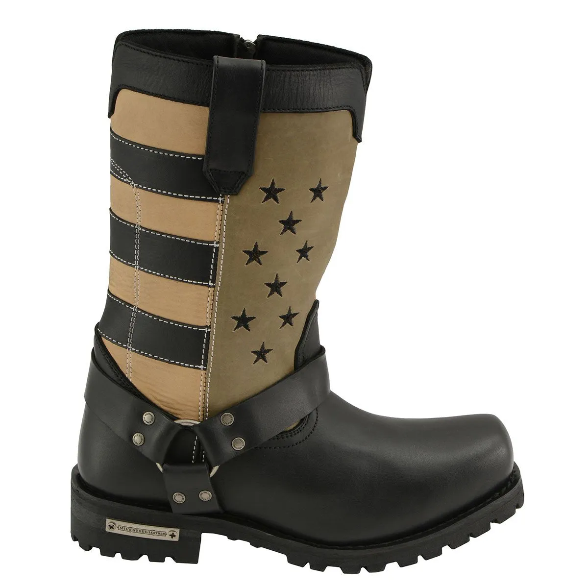 Milwaukee Leather Men's Stars and Stripes Black with Tan Motorcycle Rider Harness Boots MBM9045