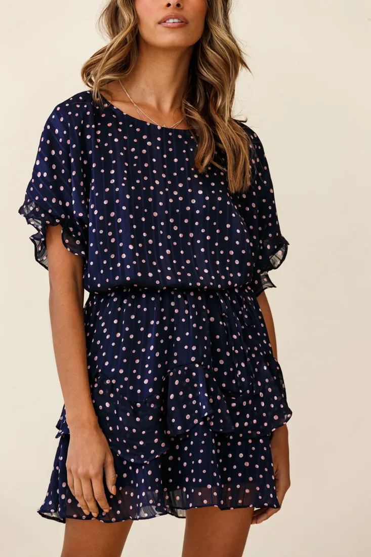 Mollina Frill Sleeve Layered Hem Dress Spot Print Navy