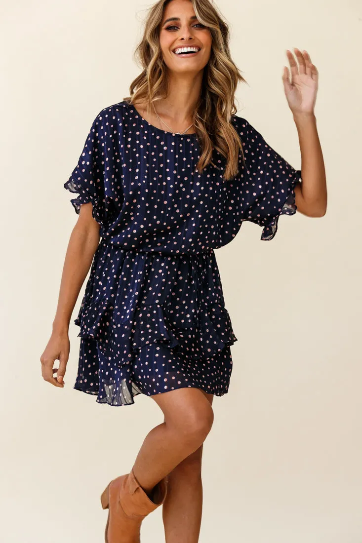 Mollina Frill Sleeve Layered Hem Dress Spot Print Navy