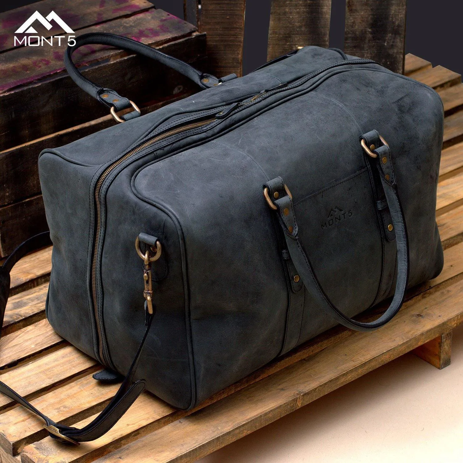 MONT5 Chitral Charcoal Grey Vintage Travel Leather Carry On Bag