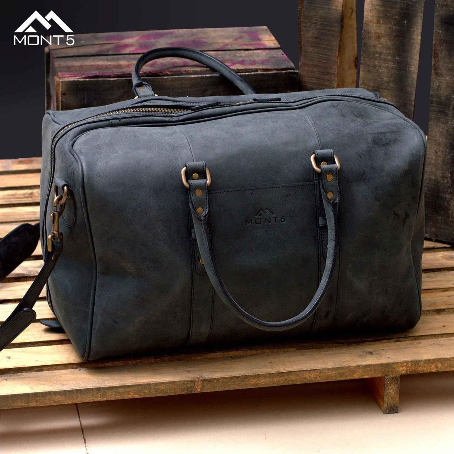 MONT5 Chitral Charcoal Grey Vintage Travel Leather Carry On Bag