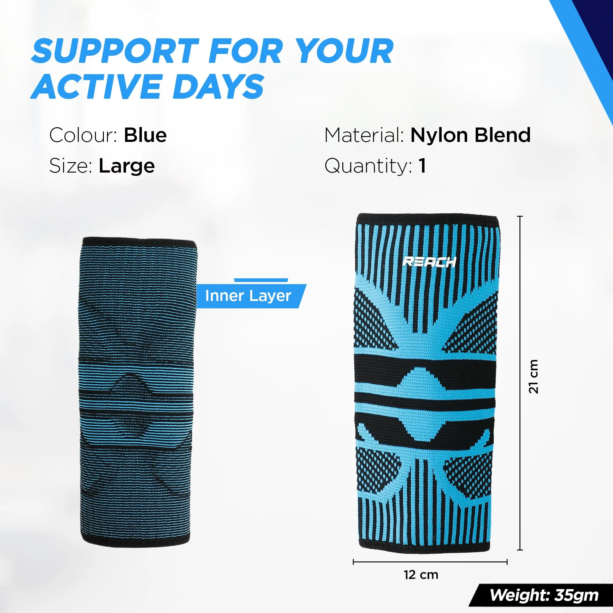 REACH Elbow Support for Gym | Elbow Band for Pain Relief | Nylon Material | Tennis Elbow Band for Men & Women | Elbow Guard Cricket, Badminton & Sports | Compression Technology & No Marks | Blue-Large