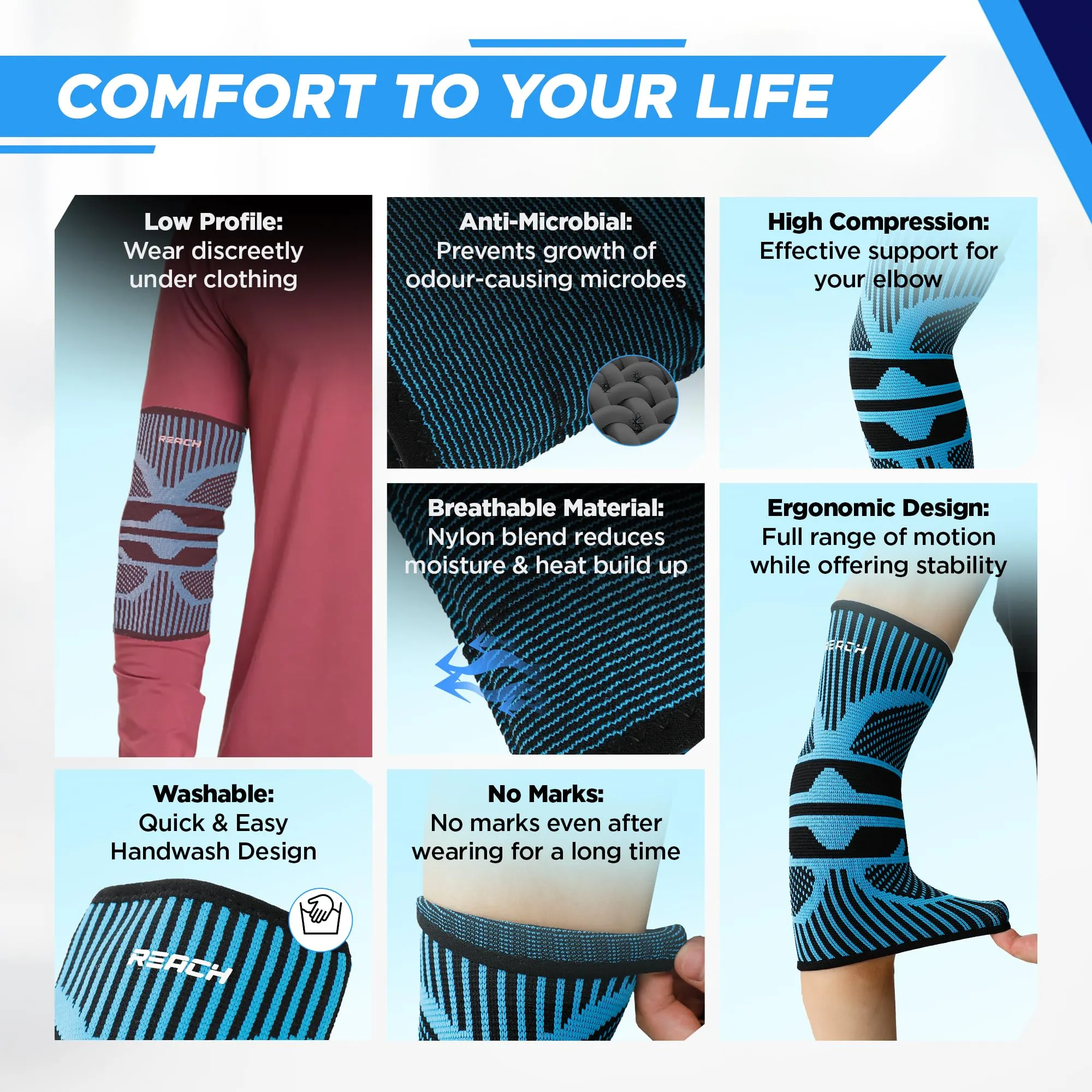 REACH Elbow Support for Gym | Elbow Band for Pain Relief | Nylon Material | Tennis Elbow Band for Men & Women | Elbow Guard Cricket, Badminton & Sports | Compression Technology & No Marks |Blue-Medium