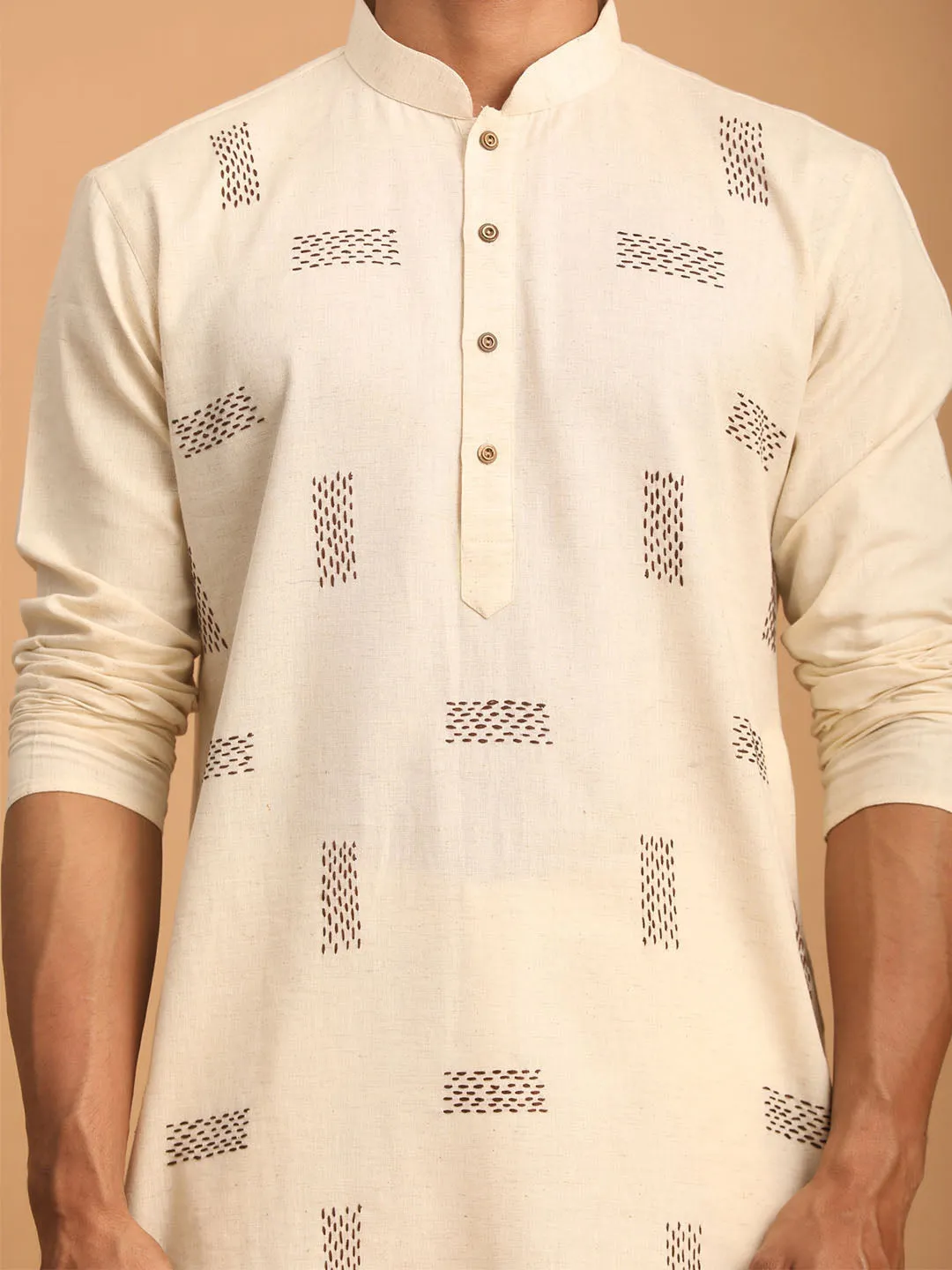 SHVAAS By VASTRAMAY Men's Cream Katha Stich Embroidered cotton Kurta