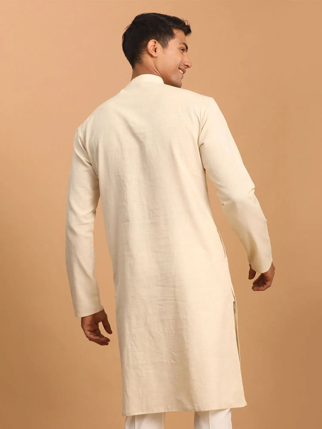 SHVAAS By VASTRAMAY Men's Cream Katha Stich Embroidered cotton Kurta