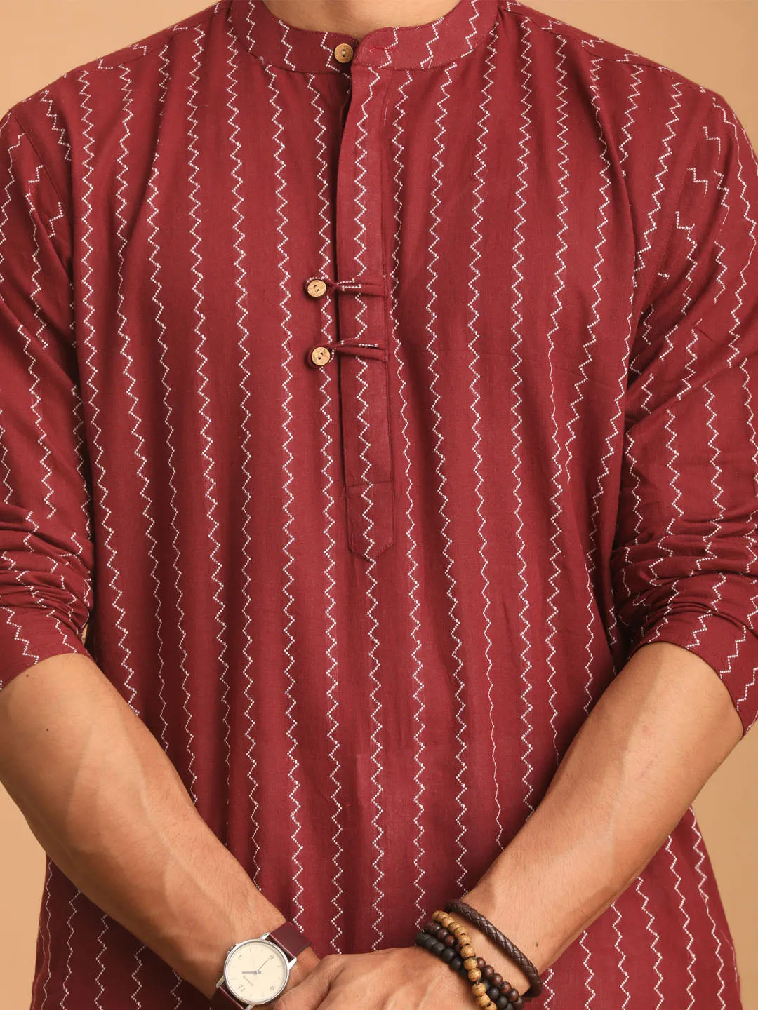 SHVAAS By VASTRAMAY Men's Maroon jacquard Zig Zag Cotton Kurta