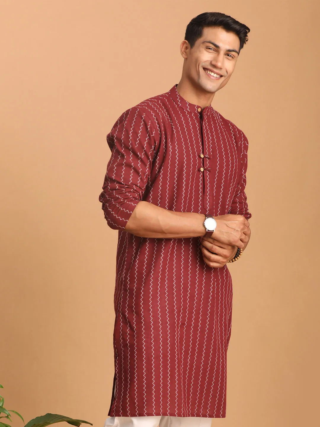 SHVAAS By VASTRAMAY Men's Maroon jacquard Zig Zag Cotton Kurta