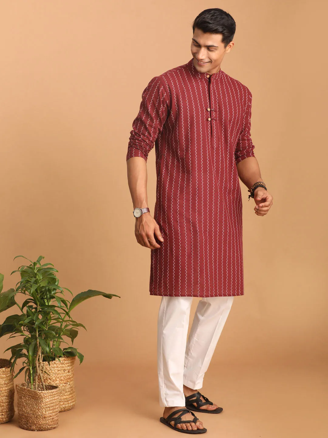 SHVAAS By VASTRAMAY Men's Maroon jacquard Zig Zag Cotton Kurta