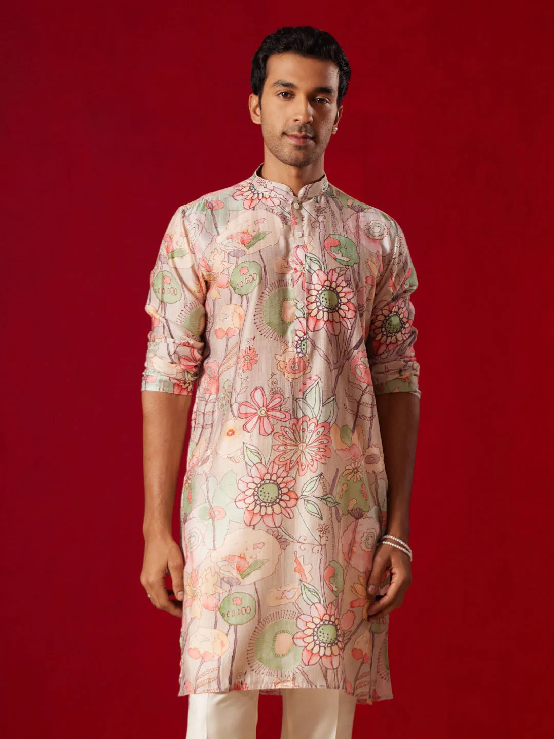 SHVAAS By VASTRAMAY Men's Multicolor Base Peach cotton Printed Kurta