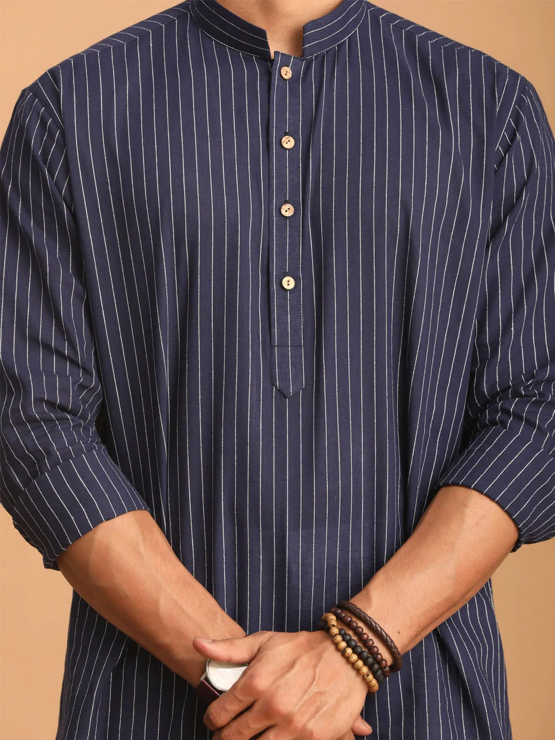 SHVAAS By VASTRAMAY Men's Navy Blue Striped Cotton Short Kurta