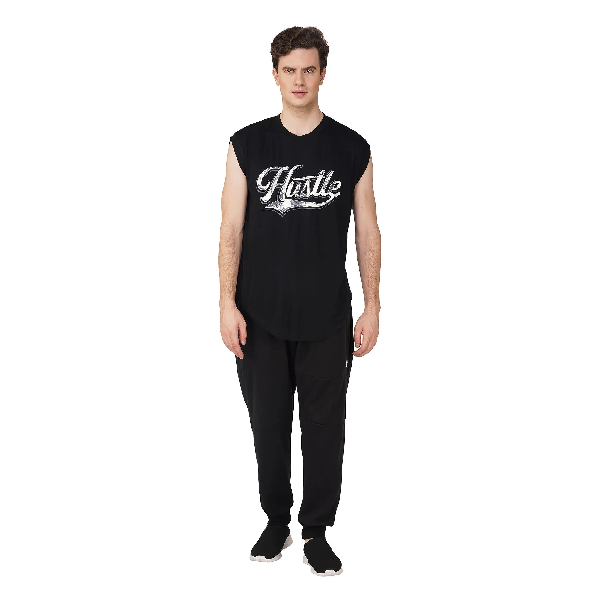 SLAY. Men's Hustle Printed Sleeveless Black Dropcut T-Shirt