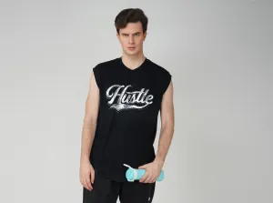 SLAY. Men's Hustle Printed Sleeveless Black Dropcut T-Shirt