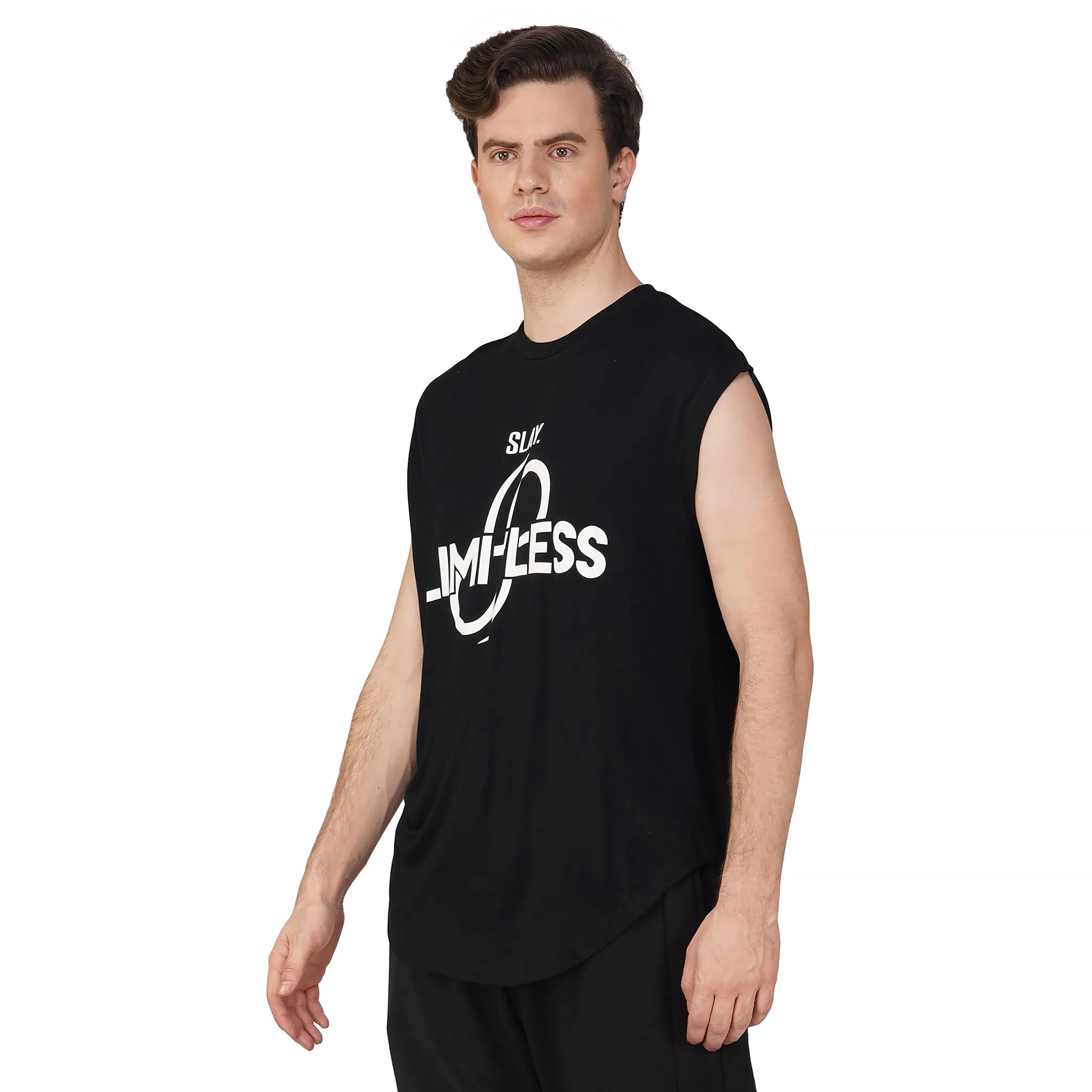 SLAY. Men's Limitless Printed Sleeveless Black Dropcut T-Shirt